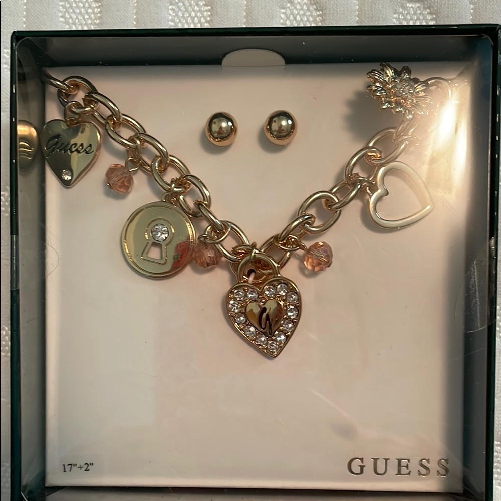 Guess Gold Charm Necklace and Earring Set